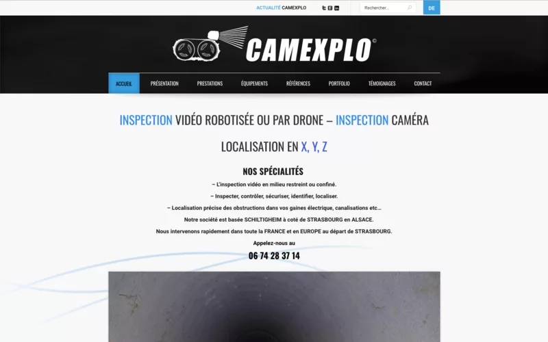 Page d'accueil du site de Camexplo à Schiltigheim, inspection vidéo robotisée