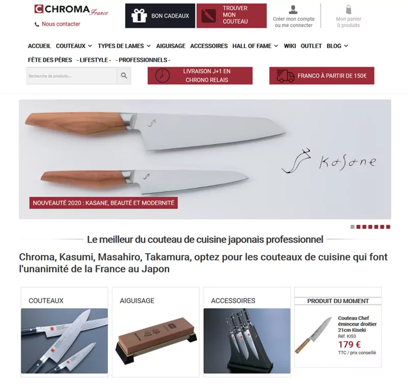 Page d'accueil du site marchand Chroma France, couteaux japonais