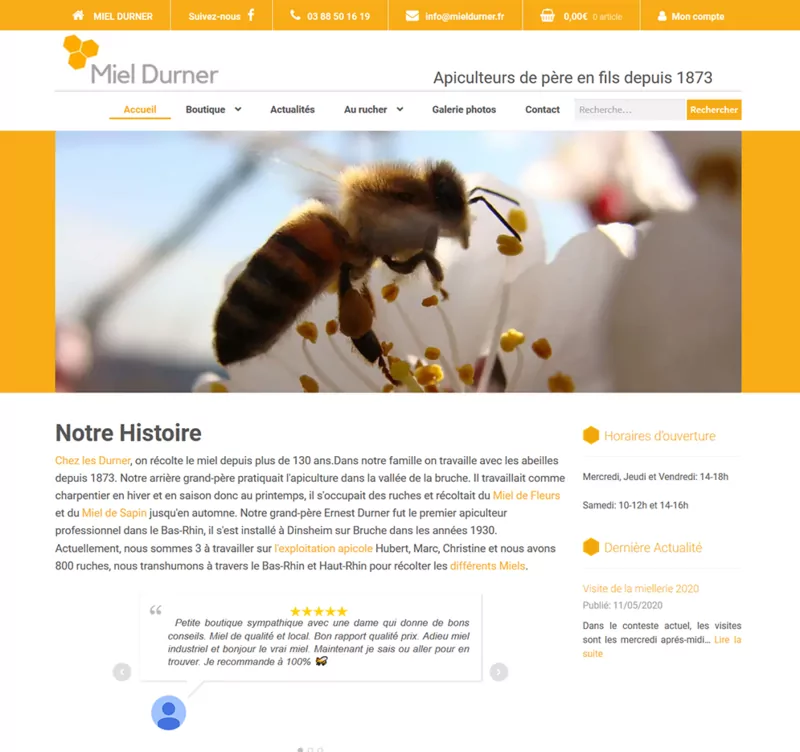 Page d'accueil de la boutique en ligne Miel Durner, miel d'Alsace