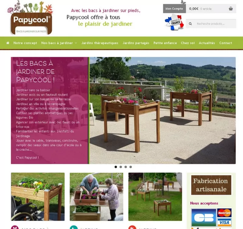 Page d'accueil de la boutique Papycool, bacs à jardiner surélevés en bois
