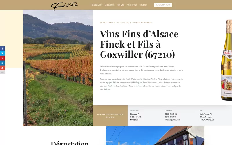 Page d'accueil du site de Vins Finck et Fils, vigneron à Goxwiller