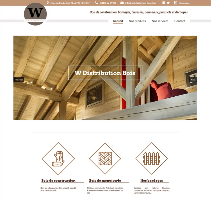 Page d'accueil du site de W Distribution Bois, négoce de bois à Hoerdt